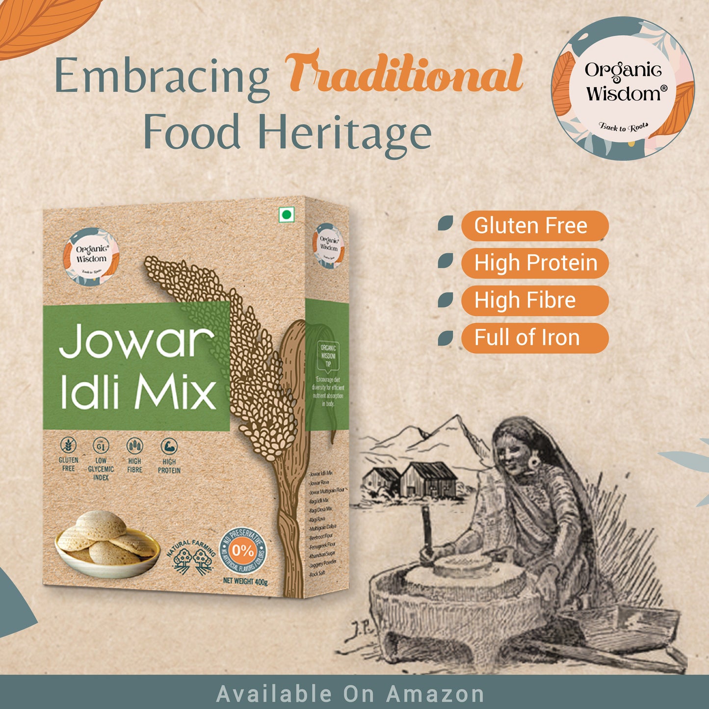 Get Organic Wisdom 100% gluten free and high in protein and fiber Jowar Idli mix
