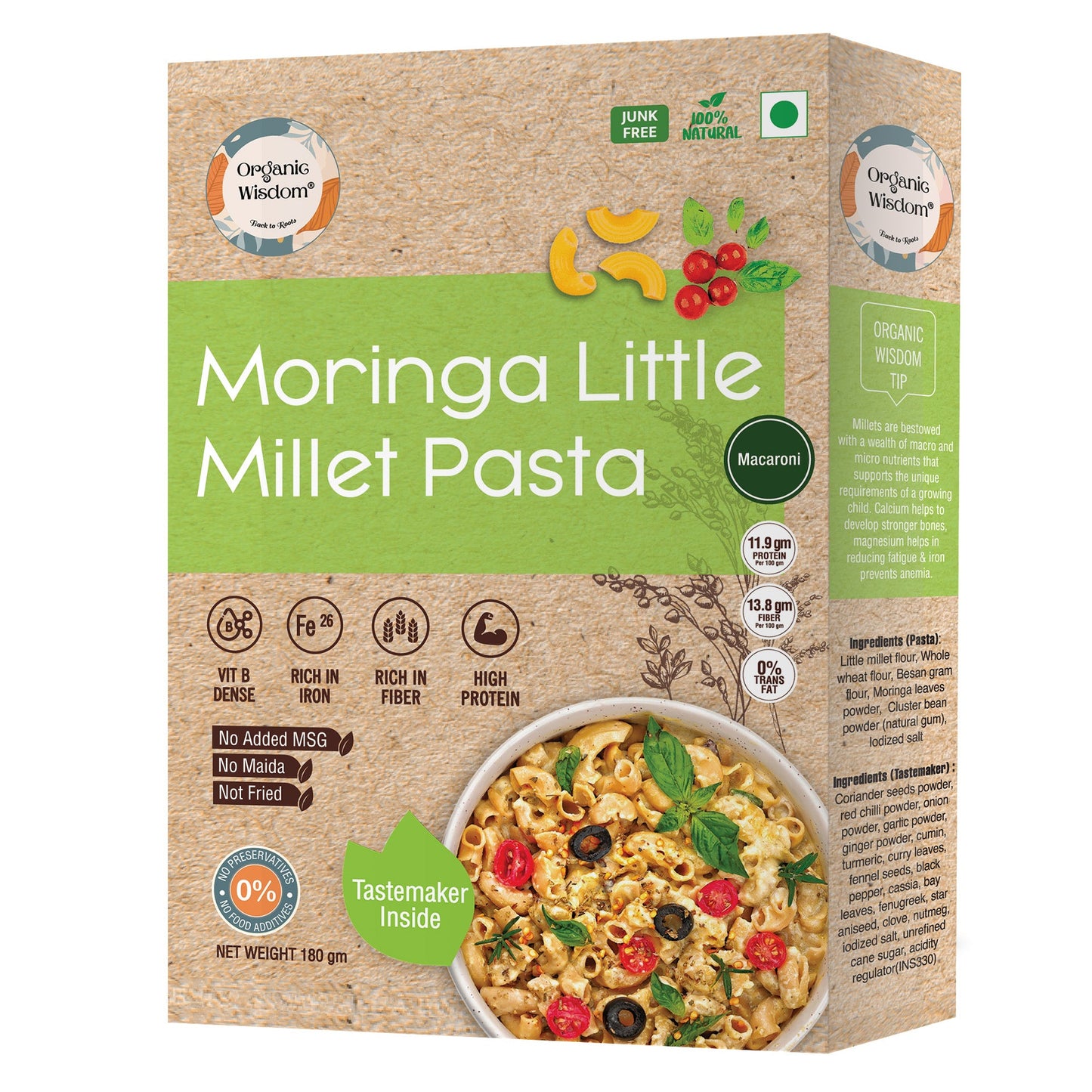 Organic Wisdom's moringa millet pasta is made without Maida , is free of MSG and not fried
