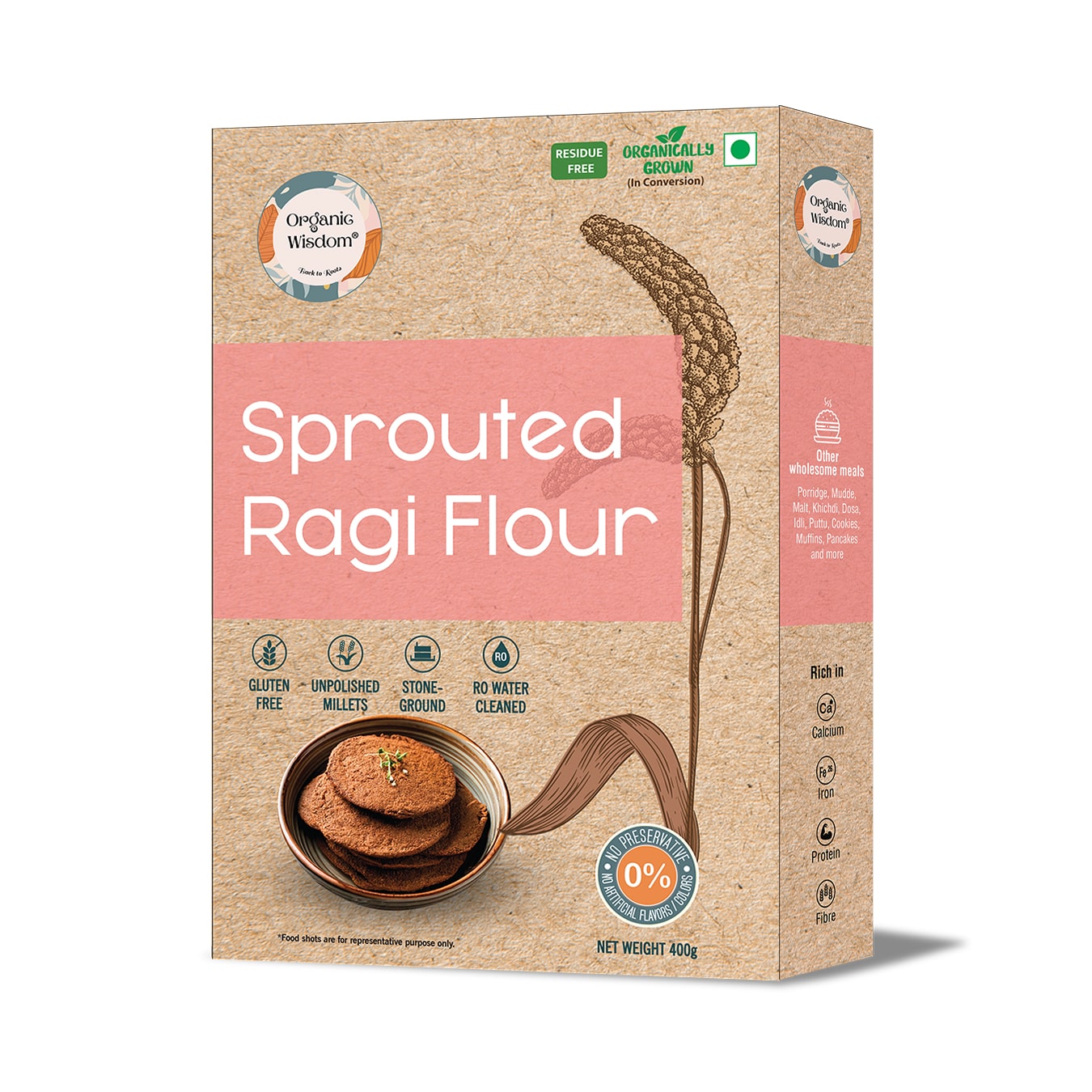 The Organic Wisdom Ragi Flour is pure, fresh, and nutrient-rich.