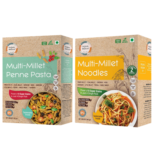 Organic Wisdom healthy meals catalogue includes Multi millet noodles and Multi millet penne pasta