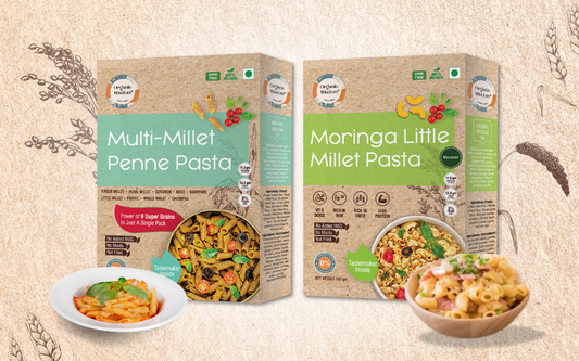 Fill your day with healthy food choices with Organic Wisdom's Multi millet penne pasta and Moringa little millet Pasta