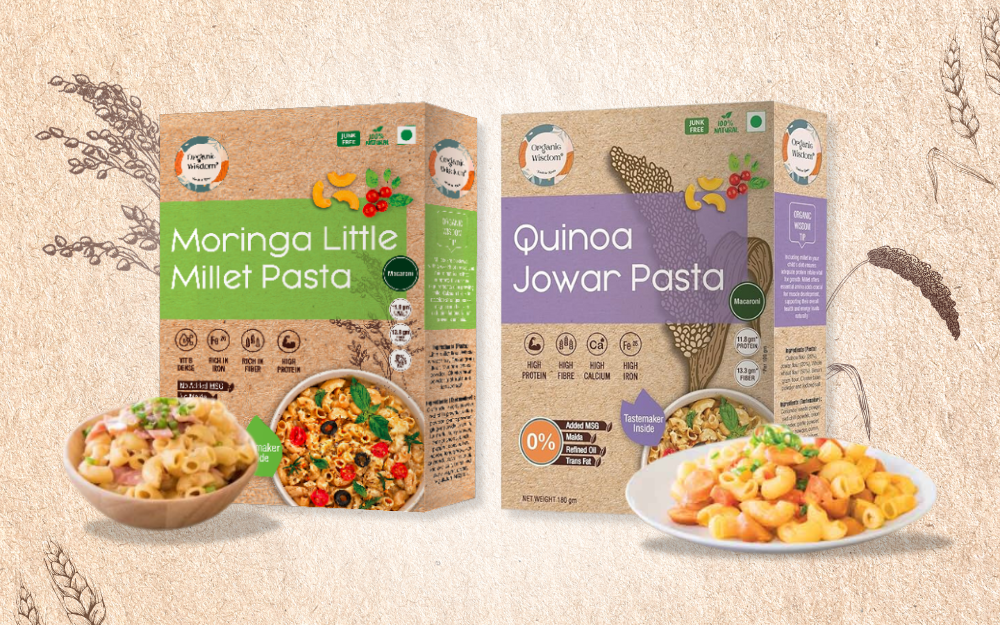 Organic Wisdom Combo of Protein and Fibre rich Millet Pasta: Moringa Little Millet Pasta and Quinoa Jowar Macaroni Millet Pasta, 180 gm each