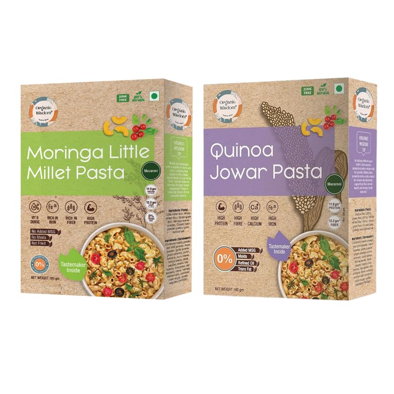 Organic Wisdom Combo of Protein and Fibre rich Millet Pasta: Moringa Little Millet Pasta and Quinoa Jowar Macaroni Millet Pasta, 180 gm each