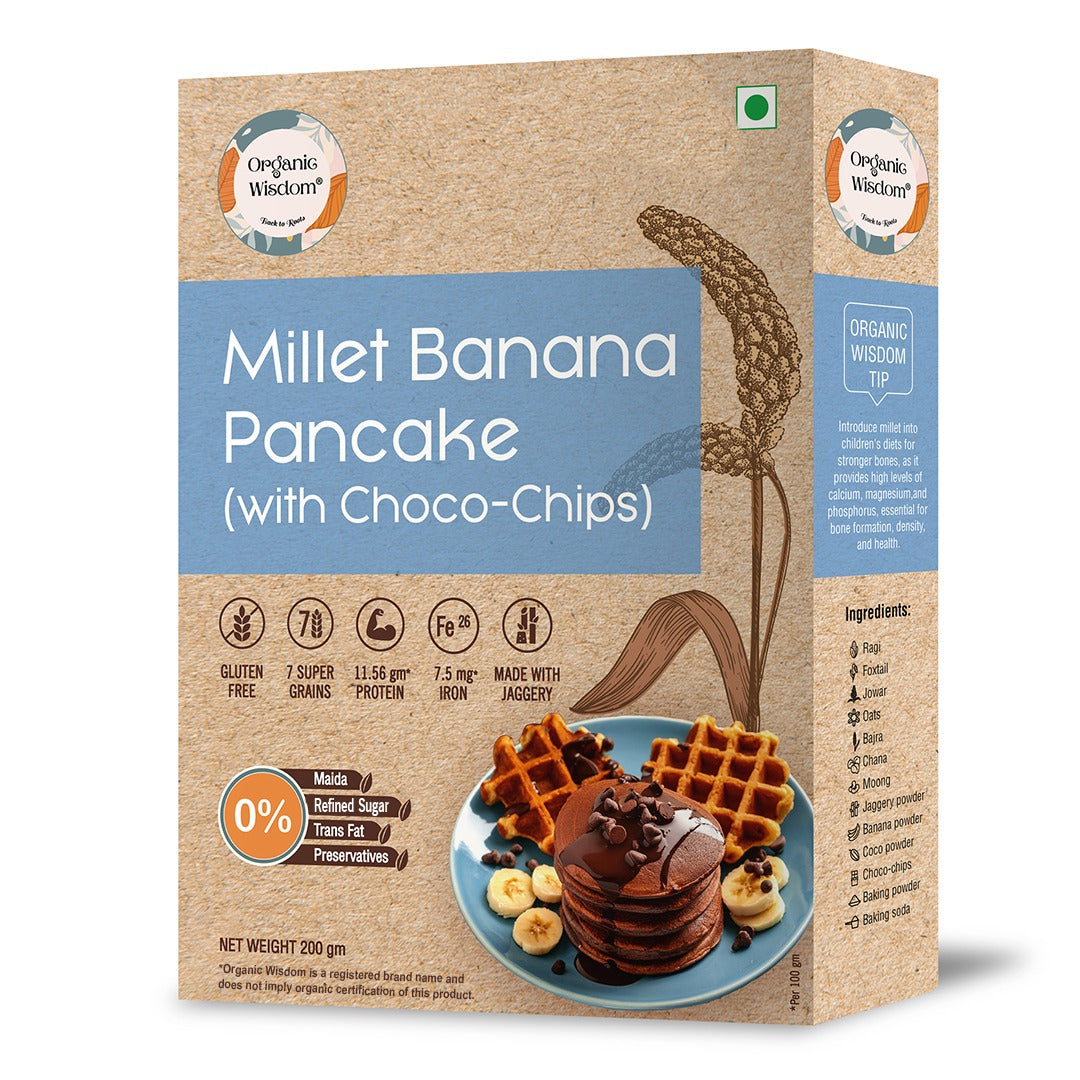 Millet Banana Pancake Mix with Choco-Chips — 7-Grain Blend, Kids' Breakfast, 200g
