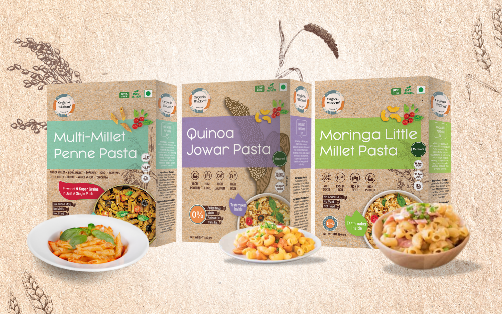 Combo of 3 Protein and Fibre rich Millet Pasta: Multi Millet Penne Pasta, Moringa Little Millet Pasta, and Quinoa Jowar Macaroni Millet Pasta, 180 gm each