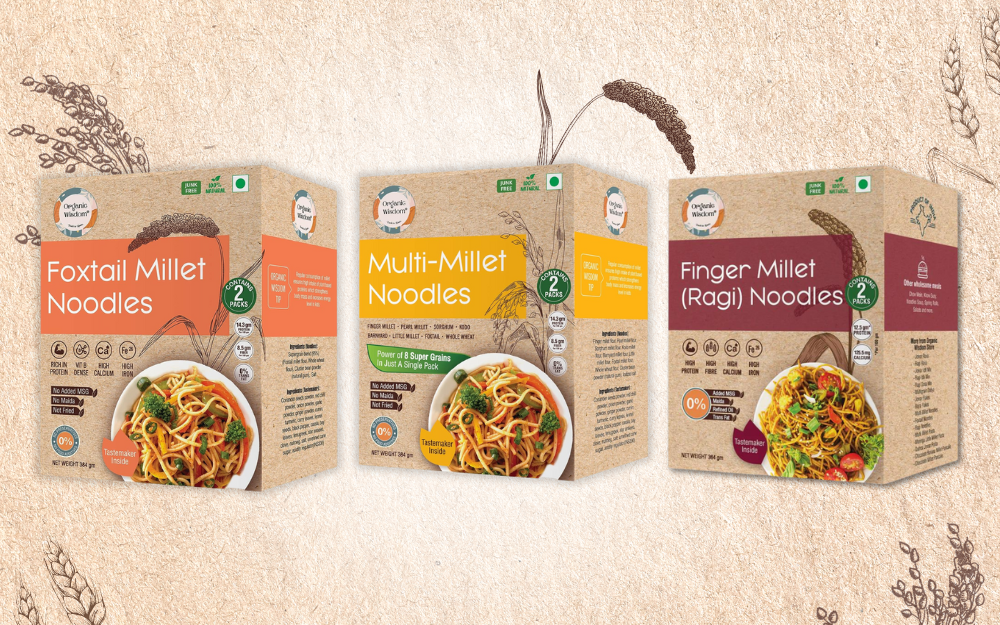 Organic Wisdom Combo of 3 Protein and Fibre rich Millet Noodles: Multi-Millet Noodles, Foxtail (Kangni) Millet Noodles, and Ragi Noodles 384 gm each (Each Box Contains 2 Packs)