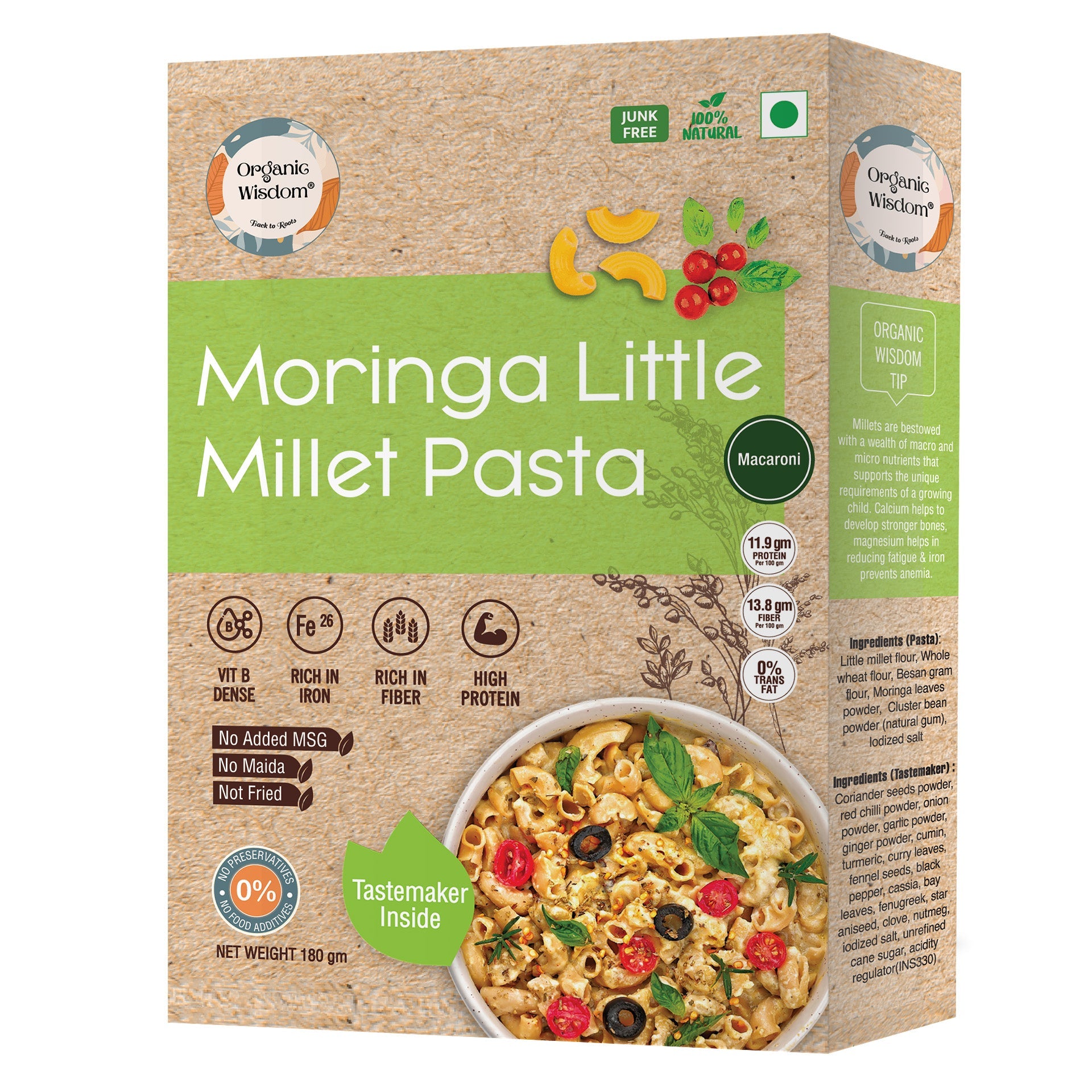 Organic Wisdom's moringa millet pasta is made without Maida , is free of MSG and  not fried 