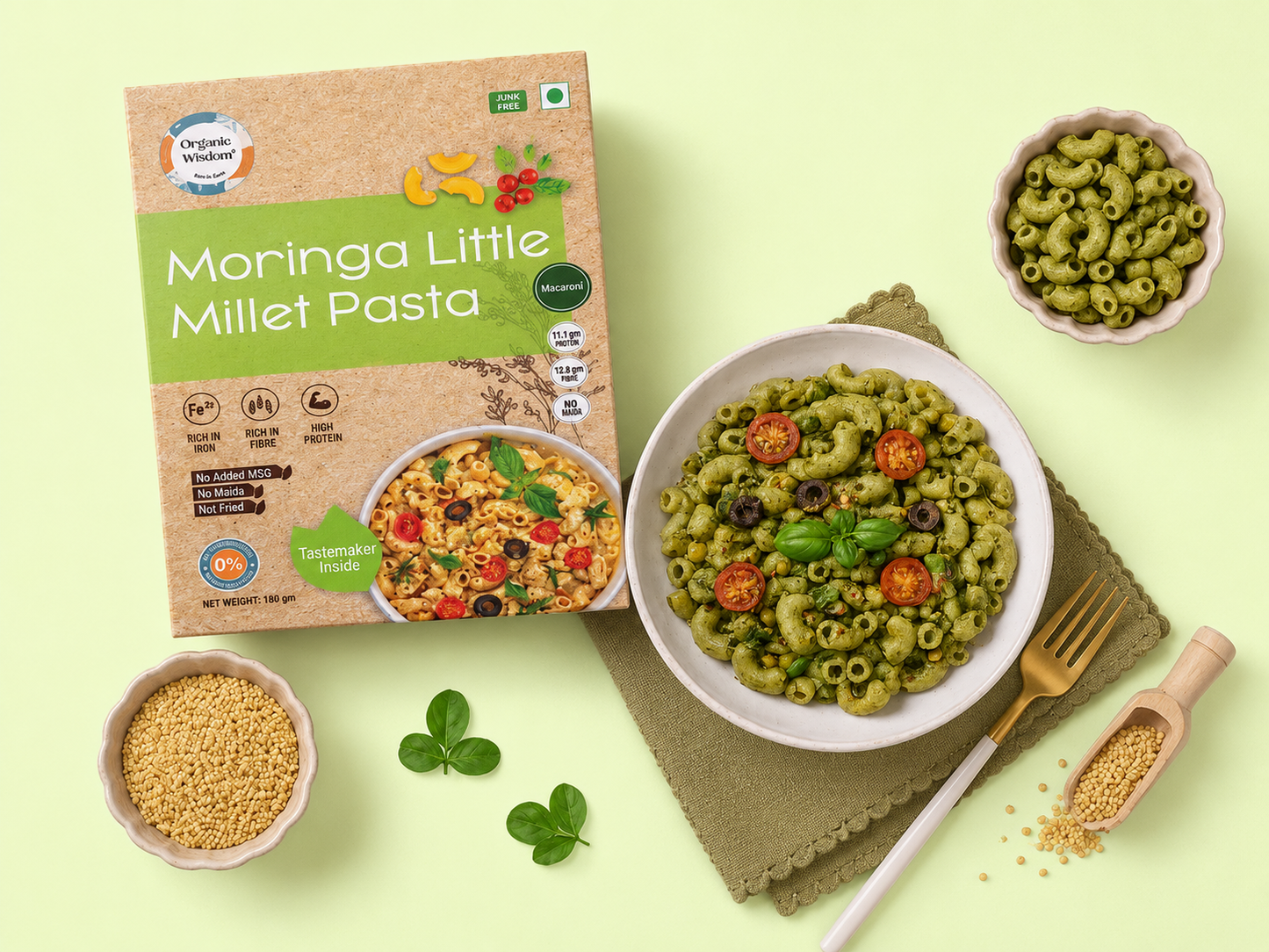 Moringa Little Millet Pasta — Little Millet & Whole Wheat Blend with Moringa, 180g
