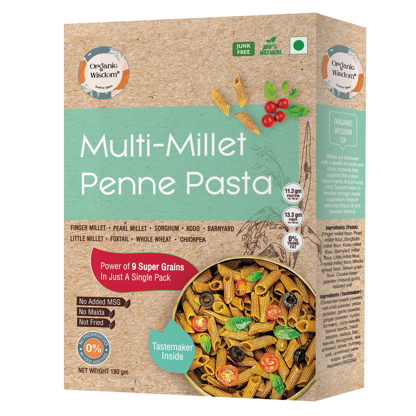 Combo of 3 Protein and Fibre rich Millet Pasta: Multi Millet Penne Pasta, Moringa Little Millet Pasta, and Quinoa Jowar Macaroni Millet Pasta, 180 gm each