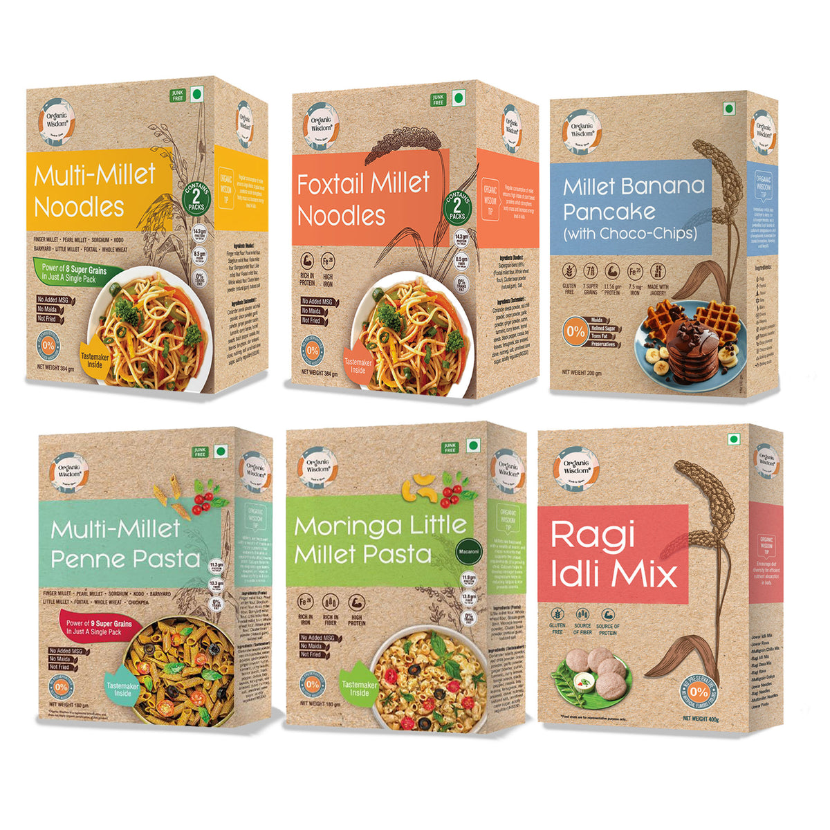 Kids' Tiffin Combo Pack of 5 — Ragi Idli Mix, Millet Banana Pancake Mix, Quinoa Jowar Pasta, Beetroot Ragi Pasta & Multi-Millet Noodles