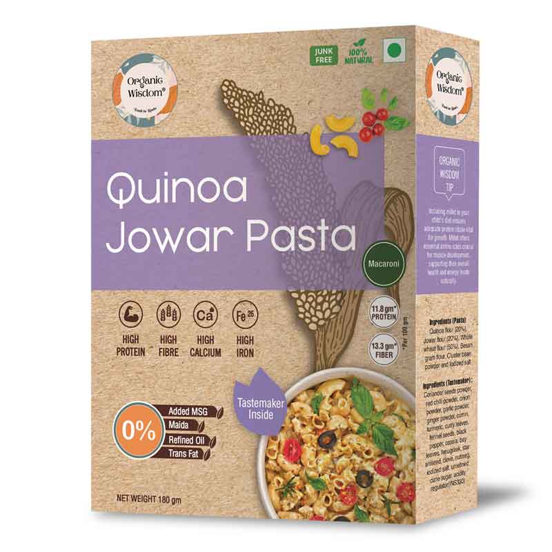 Organic Wisdom Combo of Protein and Fibre rich Millet Pasta: Moringa Little Millet Pasta and Quinoa Jowar Macaroni Millet Pasta, 180 gm each