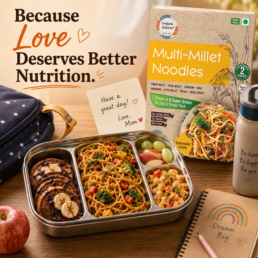 Kids' Tiffin Combo Pack of 5 — Ragi Idli Mix, Millet Banana Pancake Mix, Quinoa Jowar Pasta, Beetroot Ragi Pasta & Multi-Millet Noodles