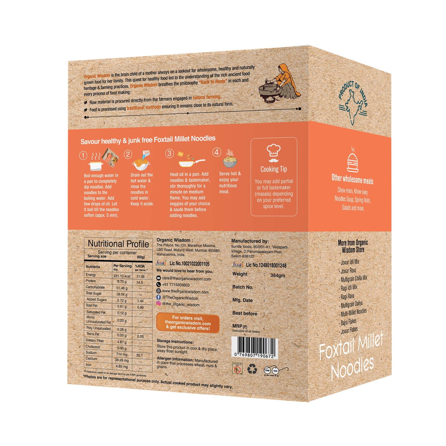 Organic Wisdom Combo of Protein, Calcium and Fibre rich Millet Noodles: Foxtail (Kangni) Millet Noodles and Ragi Noodles 384 gm each (Box Contains 2 Packs)