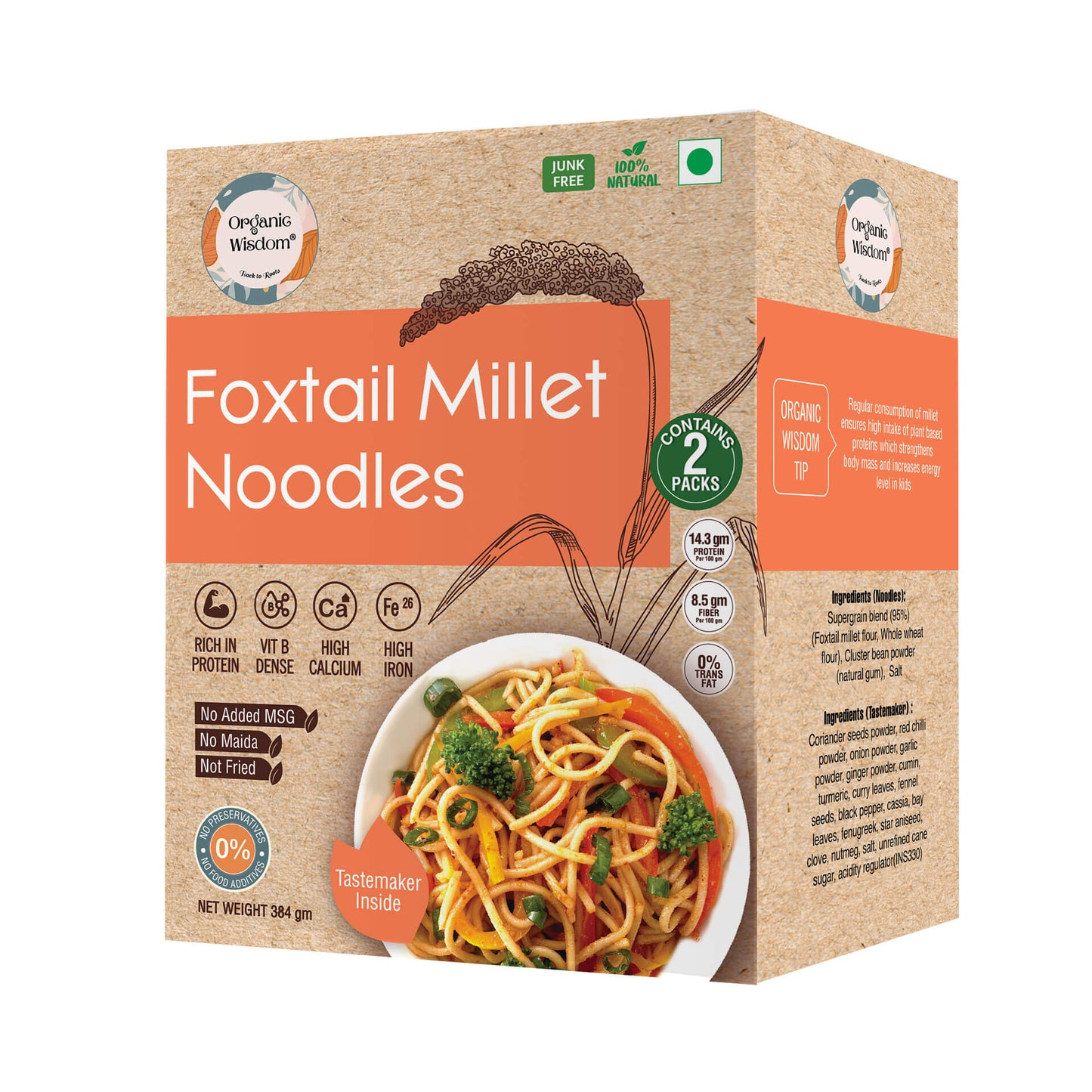 Organic Wisdom Combo of Protein,Vit B12 and Fibre rich Millet Noodles: Multi Millet Noodles & Foxtail Noodles- 384 gm each