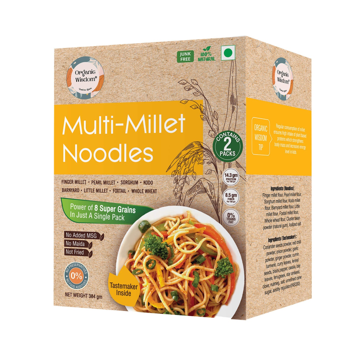 Organic Wisdom Combo of Protein,Vit B12 and Fibre rich Millet Noodles: Multi Millet Noodles & Foxtail Noodles- 384 gm each