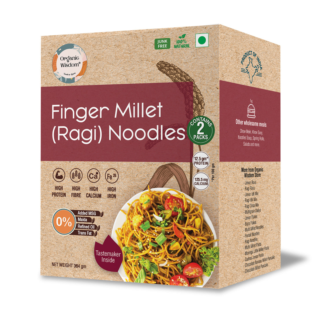 Organic Wisdom Combo of 3 Protein and Fibre rich Millet Noodles: Multi-Millet Noodles, Foxtail (Kangni) Millet Noodles, and Ragi Noodles 384 gm each (Each Box Contains 2 Packs)