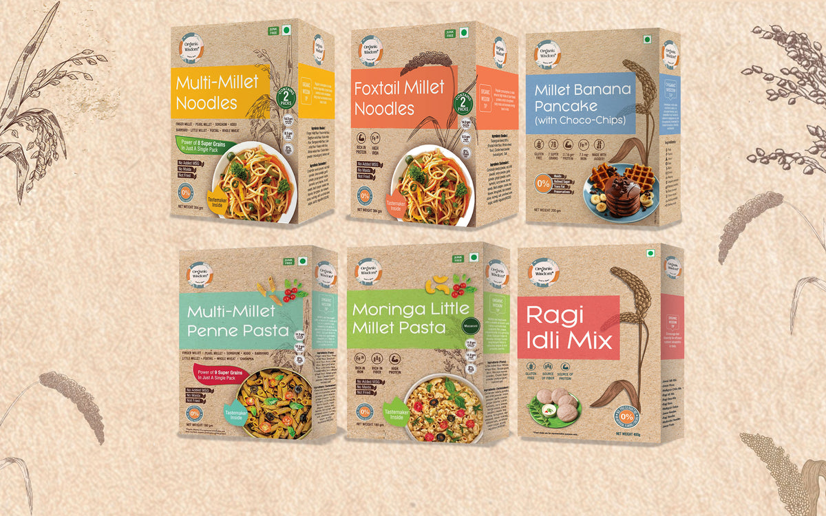 Kids' Tiffin Combo Pack of 5 — Ragi Idli Mix, Millet Banana Pancake Mix, Quinoa Jowar Pasta, Beetroot Ragi Pasta & Multi-Millet Noodles