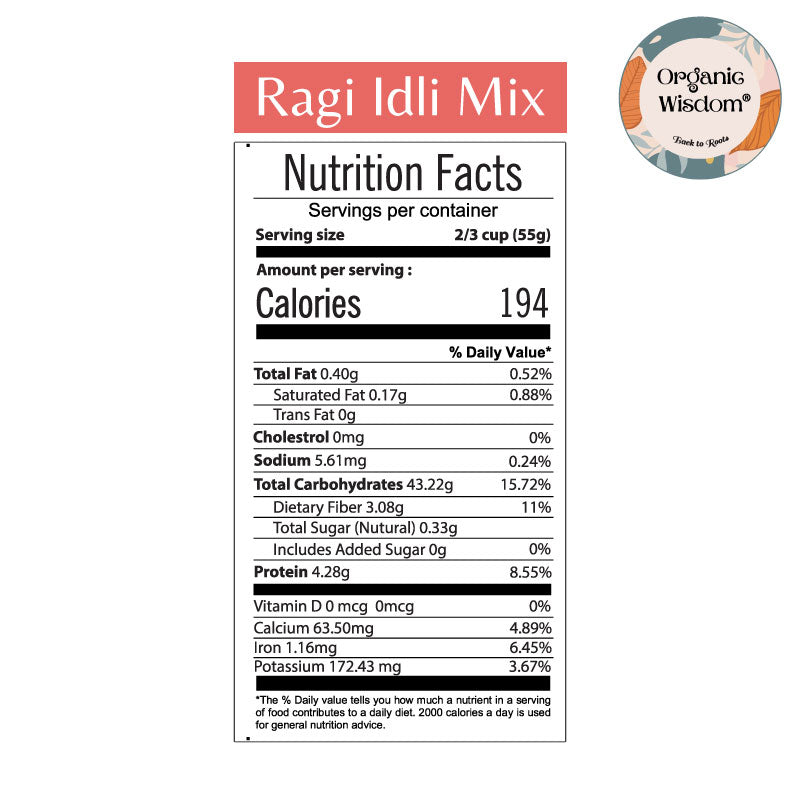 Organic Wisdom's Ragi Idli Mix nutrition chart